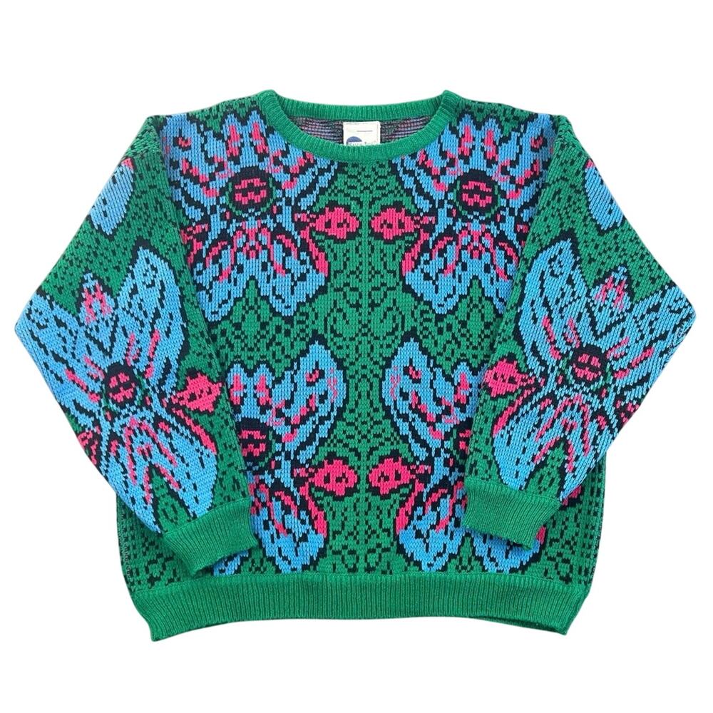Vintage 80s Extra Touch Abstract Floral Sweater Green Blue Pink Acrylic Knit - L